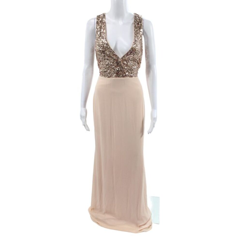 Badgley Mischka Women Maxi Dress Beige Sequin Cowl Neck Size 4